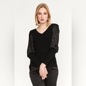 Melissa Newton Joana Black Satin Long Puff Sleeve Top Blouse Ribbed Size Small